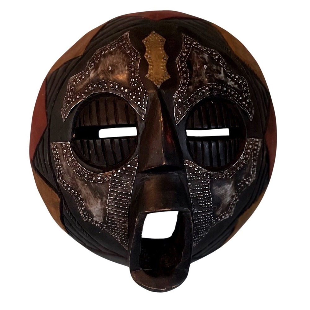 Vintage Hand Carved African Tribal Art Wood Metal Face Mask Wall Decor Sculpture